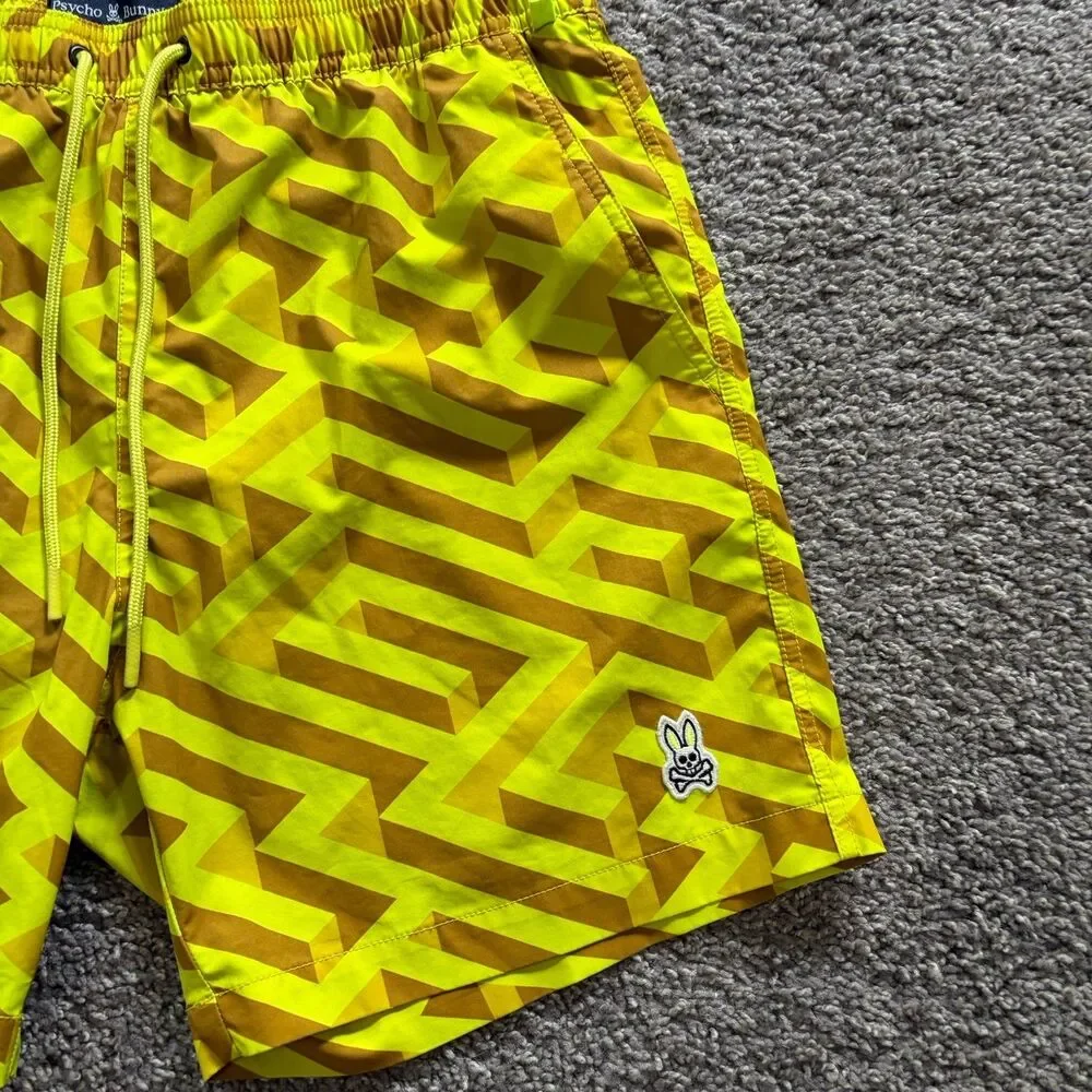 Psycho Bunny Pisani Geometric Yellow Bathing Suit Swim Trunks Lined Size Medium